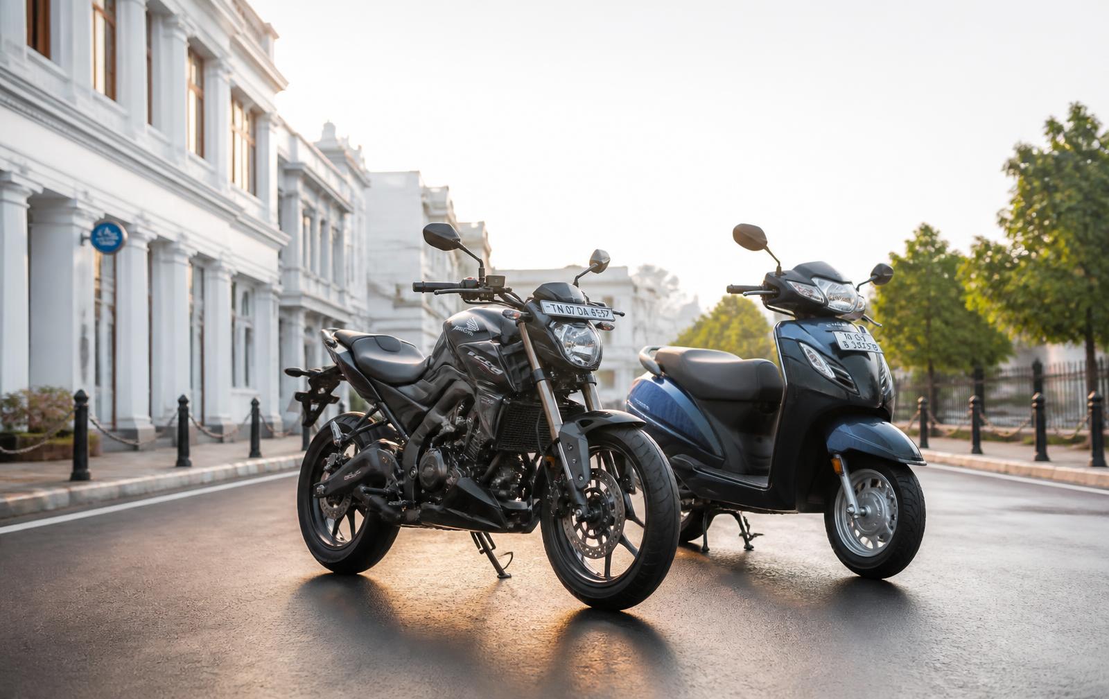 A motorcycle and a scooter parked on an Indian city street at sunrise